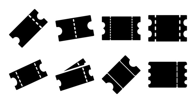 Collection of stylized ticket icons in black silhouette on a white background