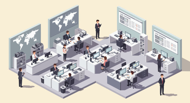 Modern Office Environment with Employees Working at Desks.