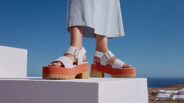 Woman wearing chunky platform sandals on white architecture against clear blue sky and sea horizon.