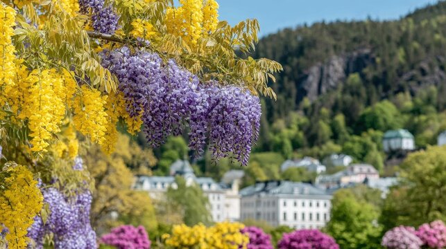 Colorful wisteria and laburnum blossoms in a spring garden with a European town and forested hills in the background.