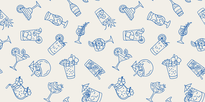 seamless pattern with hand drawn blue line cocktails and tropical drinks on beige background for summer bar menu and wallpaper