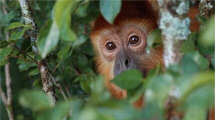 Fototapeta premium Close-up of a monkey peering through dense green foliage, its expressive brown eyes framed by branches in a natural forest habitat.