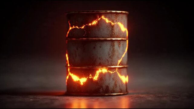 Distressed metal drum container erupting with vibrant, fiery cracks, revealing a potent internal force, a metaphor for suppressed power and dynamic energy ready for release