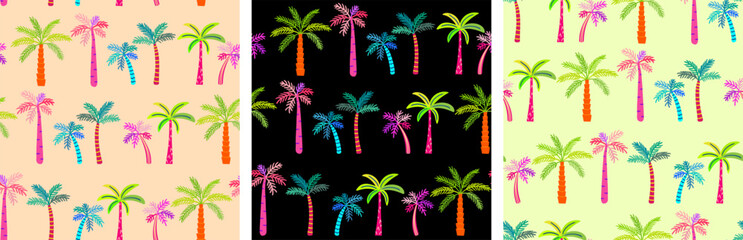 vector seamless summer pattern set hand drawn neon palm trees black beige and yellow background tropical botanical posters cards © pani_Nadichka