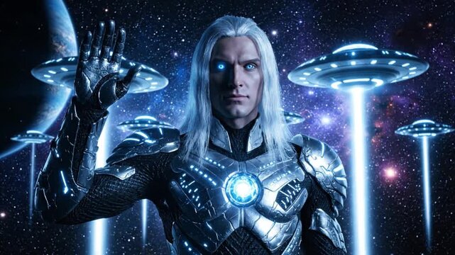Ultra cinematic space fantasy scene of Ashtar commander of the Silver Fleet greeting viewers from deep outer space tall elegant humanoid with long silver hair glowing blue eyes and calm wise expressio