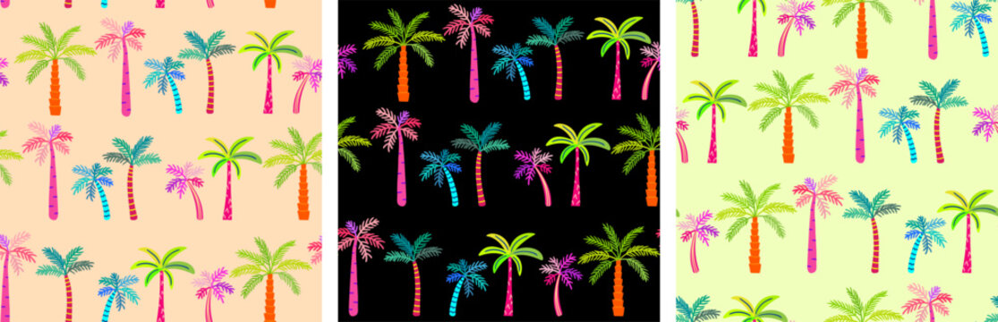 vector seamless summer pattern set hand drawn neon palm trees black beige and yellow background tropical botanical posters cards