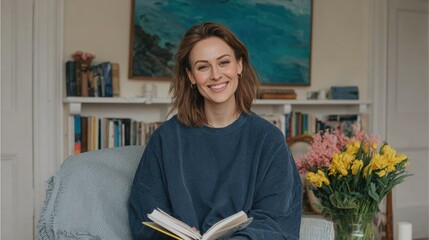 Fototapeta premium Smiling young woman reading a book at home, sitting in a cozy living room with flowers and bookshelf in the background.