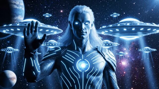Epic cinematic sci fi footage of Ashtar Pleiadian cosmic commander standing in the middle of a vast universe noble humanoid with glowing blue eyes and long silver hair flowing softly in cosmic wind we