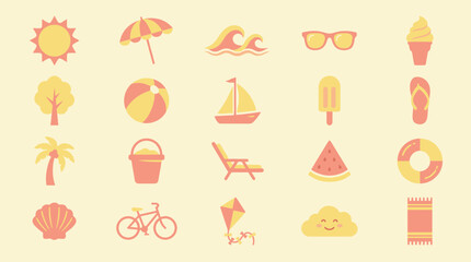 A collection of charming, minimalist, flat design summer and beach vacation icons for sunny seasonal themes. © Septarim