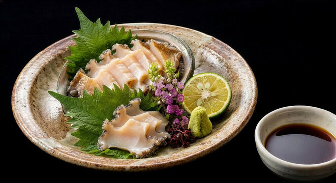 新鮮なアワビの刺身と薬味、高級感あふれる和食の逸品