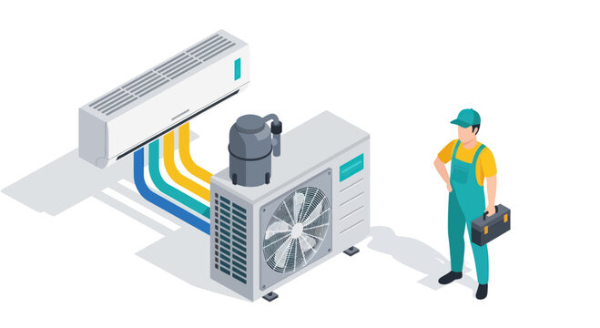 HVAC Technician Installing Air Conditioning System Isometric Illustration.