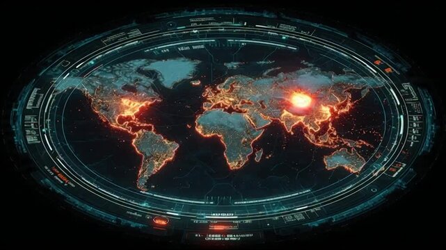 Futuristic digital world map interface displaying global data analysis with illuminated hotspots and advanced technological information display for cybersecurity or threat monitoring