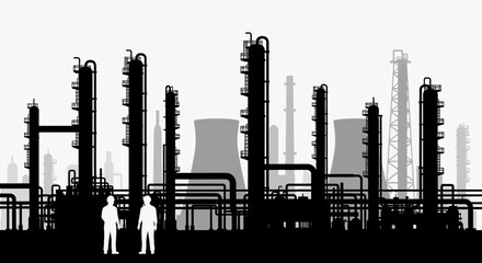 Obraz premium Industrial plant silhouette with two workers in the foreground.