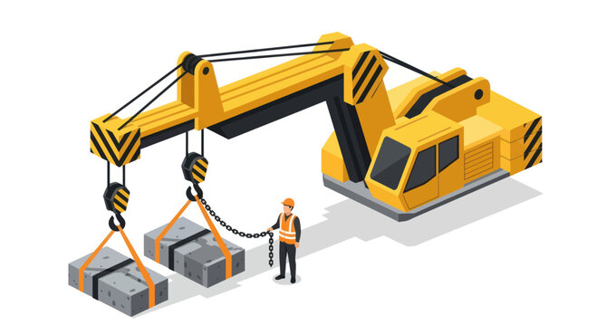 Isometric illustration of a construction worker operating a large yellow crane lifting heavy concrete blocks.