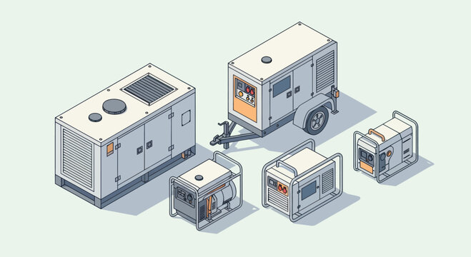 Isometric Generators Set - Various Power Generators for Industrial and Home Use.
