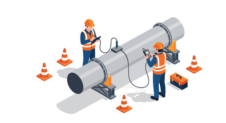 Isometric illustration of engineers performing pipeline inspection and maintenance. © Welas