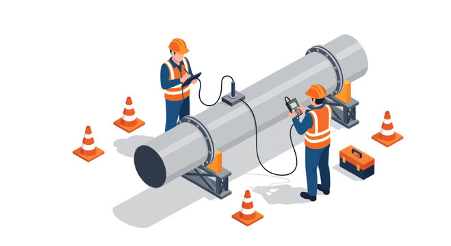 Isometric illustration of engineers performing pipeline inspection and maintenance.