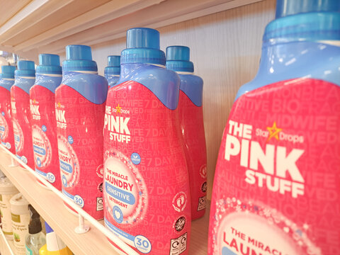 Household cleaners and detergents on supermarket aisle shelf The Pink Stuff  Virginia United States