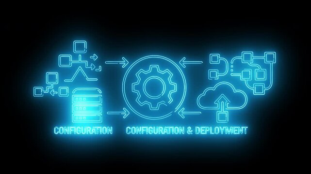 Neon-lit diagram of configuration, configuration and deployment process with glowing blue icons and arrows on a dark background.