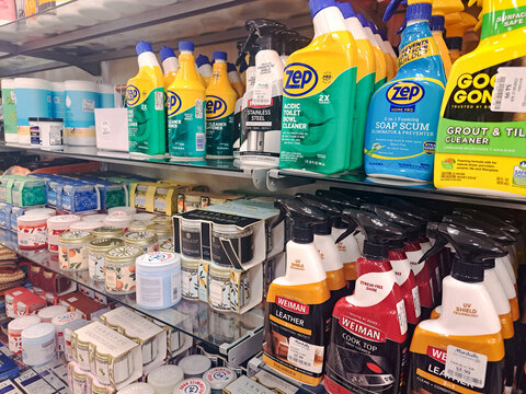 Store shelf with spray cleaners detergents and branded products Zep Weiman Virginia USA retail