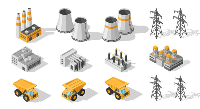 Isometric Industrial and Energy Infrastructure Elements Collection.