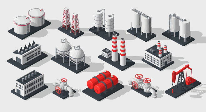 Isometric industrial buildings and oil production infrastructure set.