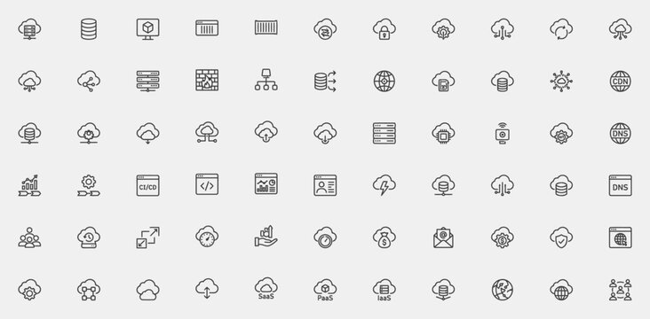 Professional Black Line Cloud Computing Icon Set Featuring Database Storage, SaaS, PaaS, IaaS, Network Infrastructure, Data Security, and Universal Web Upload Download Symbols.