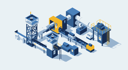 Obraz premium Isometric industrial factory production line with automated machinery and conveyor system.