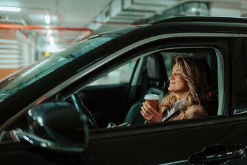 Woman enjoying coffee in car, preparing for morning commute from parking garage, feeling refreshed...