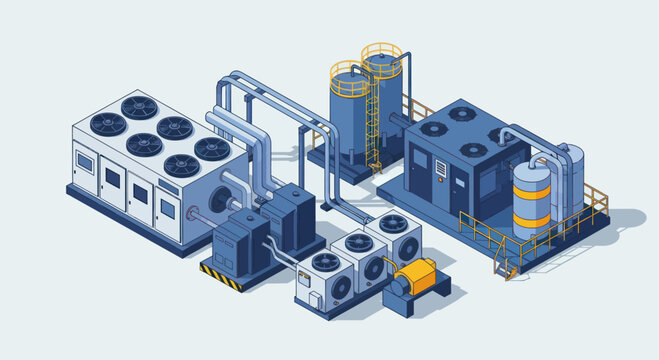 Isometric Industrial HVAC and Cooling Systems Illustration.