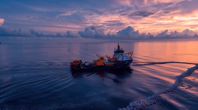 Industrial Fishing Vessel Casting Net in Calm Ocean at Sunset