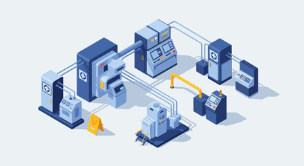 Obraz premium Isometric Industrial Production Line with Automated Machinery and Conveyor System.