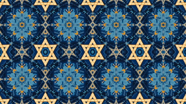 Symmetrical tile pattern featuring repeating Star of David motifs, blue and gold palette, for textiles, wallpaper, and illustrations