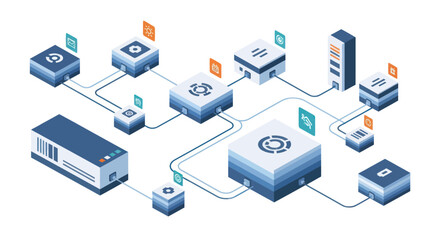 Fototapeta premium Isometric Network Diagram Illustrating Data Flow and Connectivity.