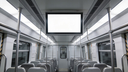 Fototapeta premium high-quality image featuring an empty poster mockup displayed on the side of a subway train in a bustling modern city.