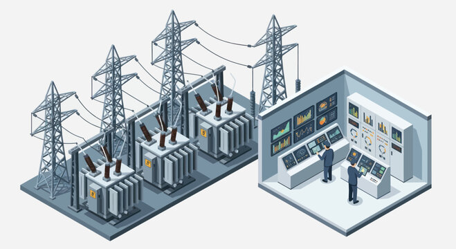 Isometric Power Substation and Control Room with Engineers.