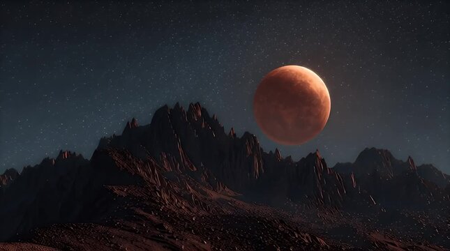 Red lunar eclipse setting behind jagged mountain peaks at night