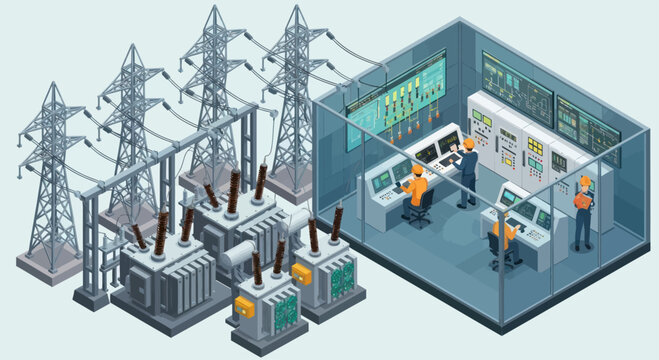 Isometric Power Substation and Control Room with Engineers.