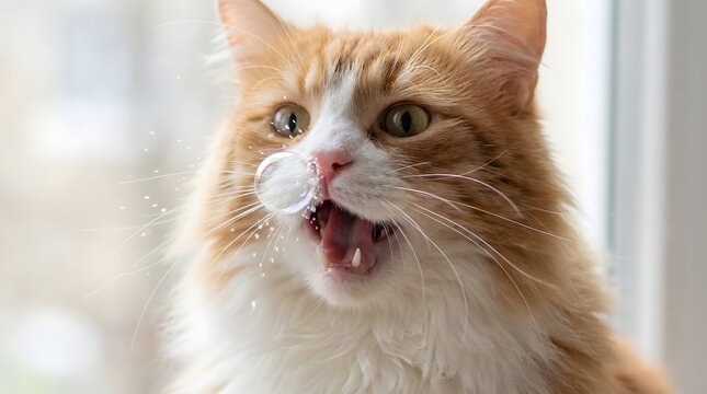 A fluffy orange and white cat with a bubble on its nose, mouth open in surprise.