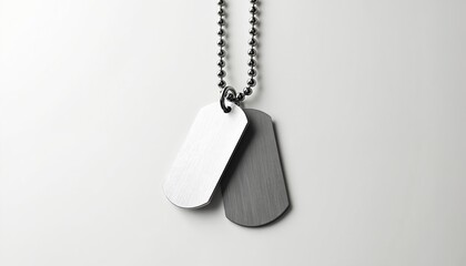 Fototapeta premium Two blank metal dog tags hang on a ball chain necklace. These military style IDs are ready for custom engraving. Simple modern jewelry accessory for personal expression or memorial.