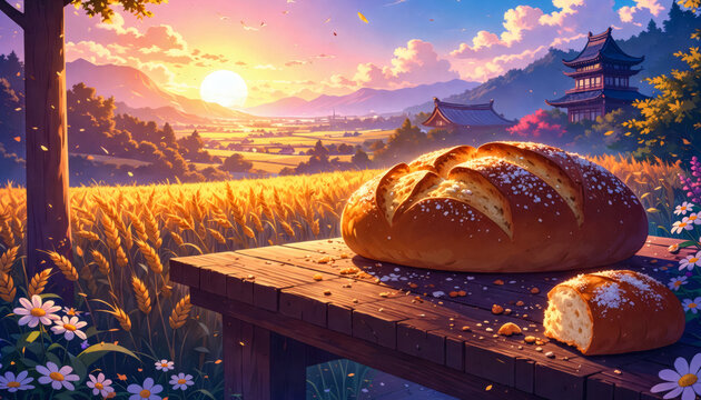 Fresh Bread on Wooden Table with Wheat Field at Sunset Rural Landscape