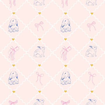 Vintage Easter seamless pattern with hand-drawn rabbits, ornate eggs and bows in engraving style. Pastel spring background for textile and wallpaper.