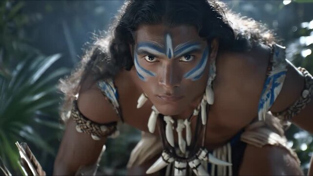 Ancient Mayan warrior, powerful indigenous man, intense gaze, traditional ceremonial face paint, Mesoamerican cultural heritage, tropical jungle background, tribal spirit, historical civilization