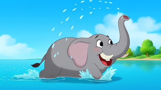 Happy Cartoon Elephant Playing in Blue Water