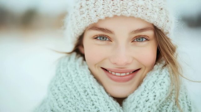 Beautiful woman in winter clothes smiling outdoors. Cold season lifestyle, skincare, wellness, fashion concept for advertising, beauty branding and seasonal promotions. happy, smiling