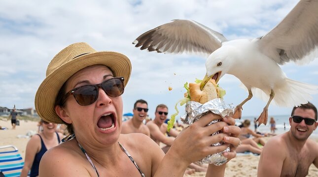 A startled woman screams as a large seagull aggressively snatches her sandwich at a crowded sunny beach.
