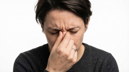 Fototapeta premium A woman is holding her nose and forehead with her hand, appearing to be in pain or discomfort.