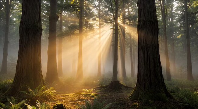 Dramatic sunrays pierce misty forest, bathing ancient trees and ferns in golden light