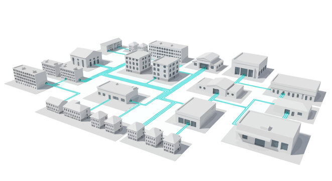 Isometric 3D Model of a Smart City Layout with Blue Fiber Optic Data Network Connections on a White Background