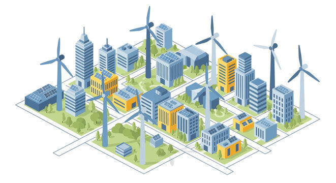 Isometric Smart City with Renewable Energy Sources, Solar Panels and Wind Turbines for Sustainable Urban Planning and Green Technology Concept